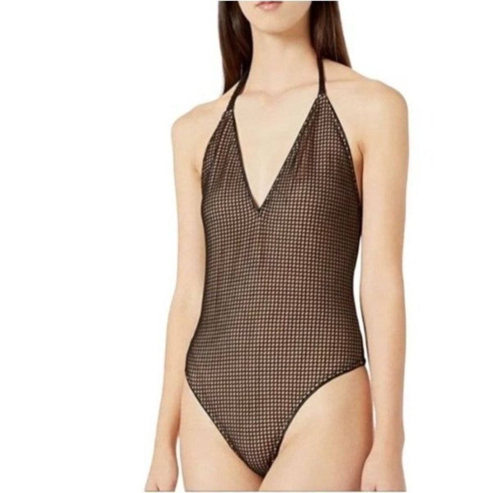 Cosmopolitan Bodysuit Junior Small Black Nude Plunging Cheeky Halter Top NEW